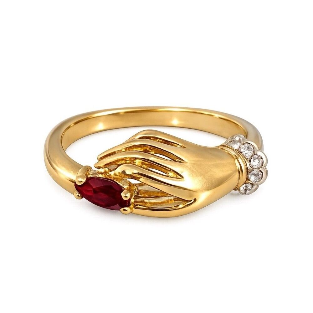 Vintage 1970s Ring Size 8 Victorian Revival Hand Red Crystal Gold Plated - 14U